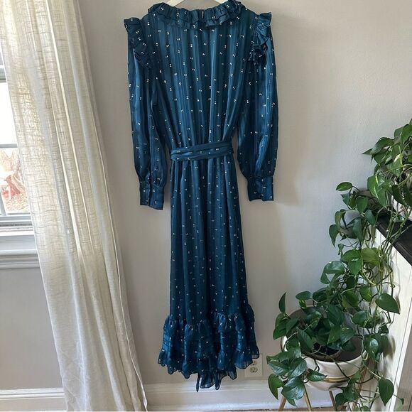 Misa Los Angeles Blue Ruffle Maxi Faux Wrap Long Sleeve V Neck Semi Sheer Dress - Picture 3 of 8